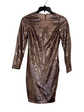Calvin Klein Womens Rose Gold Sequin Sheath Dress Size 2 Long Sleeve